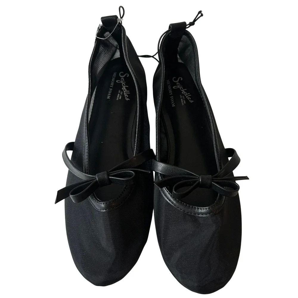 Seychelles Sheer Mesh Ballet Flats 8 Black Eloise Memory Foam Mary Jane Bow